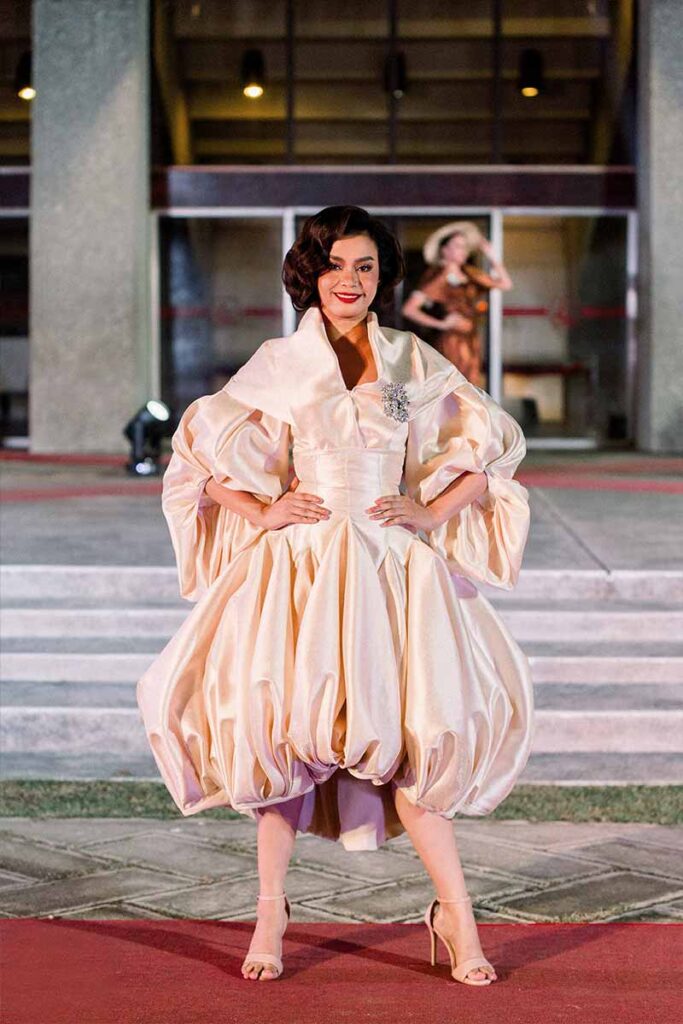 Fatima Alsowyed wearing a runway look from Josip Tumapa’s collection