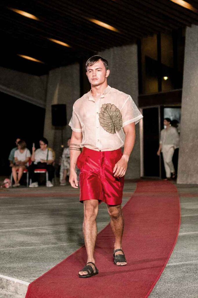 Joeren Finney wearing a modern Barong Tagalog by Josip Tumapa with a large leaf motif